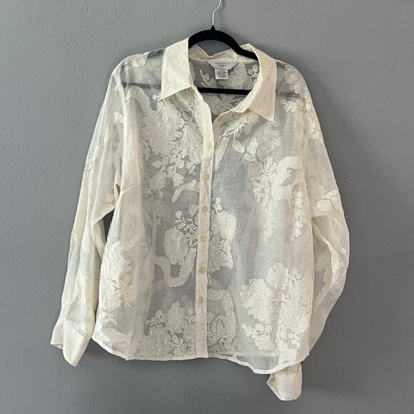Outfit Woman Sheer Button Down Blouse 1X White Floral Embroidered Feminine Linen - Picture 2 of 6
